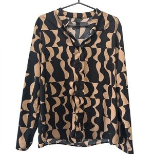 SHEIN Women's Abstract Print Button-Up Blouse Shirt, Black and Tan, Size Large